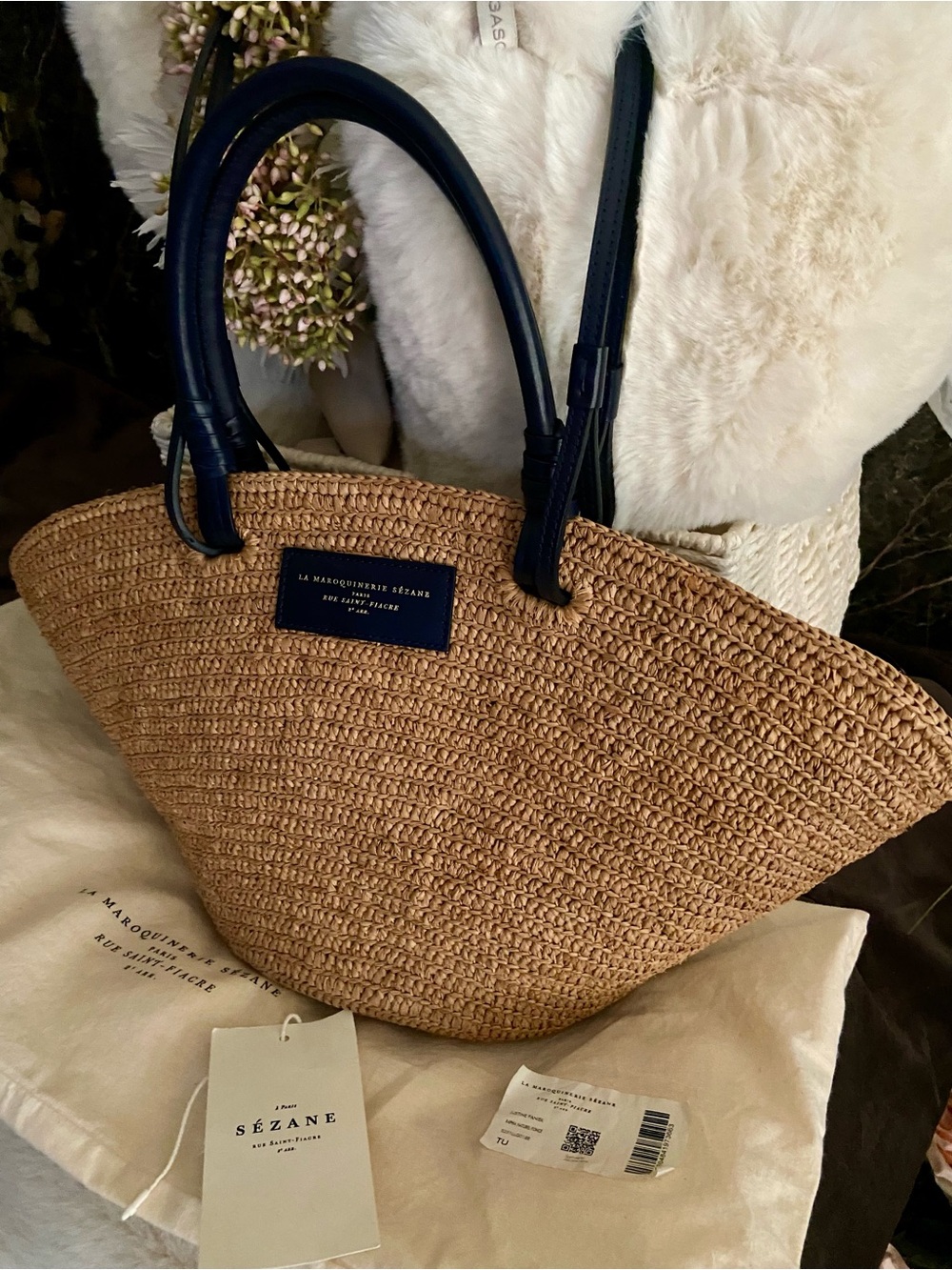 Sezane Justine Raffia Basket Bag in Navy ⚜️